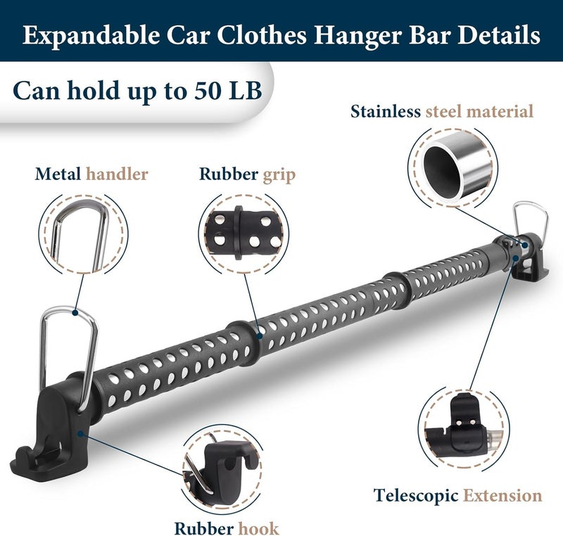 Greeily Car Clothes Hanger Bar, 33" to 54" Telescopic Clothes Rod for Car Travel Road Travelers Made of Stainless Steels Heavy Duty Car Bar Sturdy Rubber Grips and Rings - Image 3